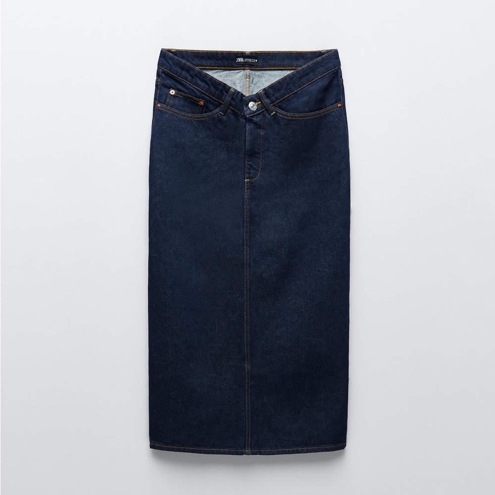 NEW Zara V-Front Waist Band Dark Denim Midi Back Slit Skirt